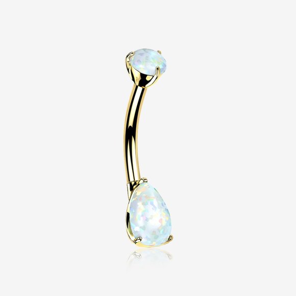 14 Karat Gold Dainty Fire Opal Teardrop Sparkle Belly Button Ring - Picture 2 of 2